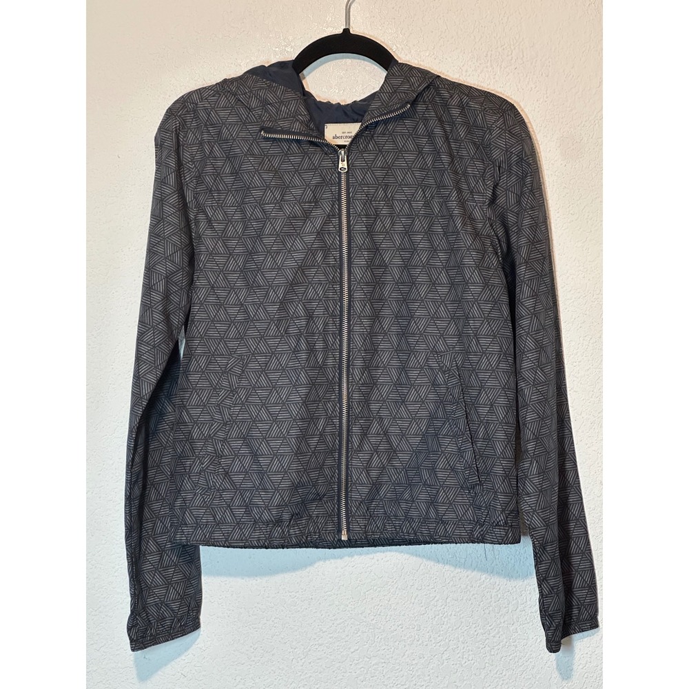 Abercrombie Kid Black Grey Geometric Triangle Full Zip Hooded Windbreaker L 14
